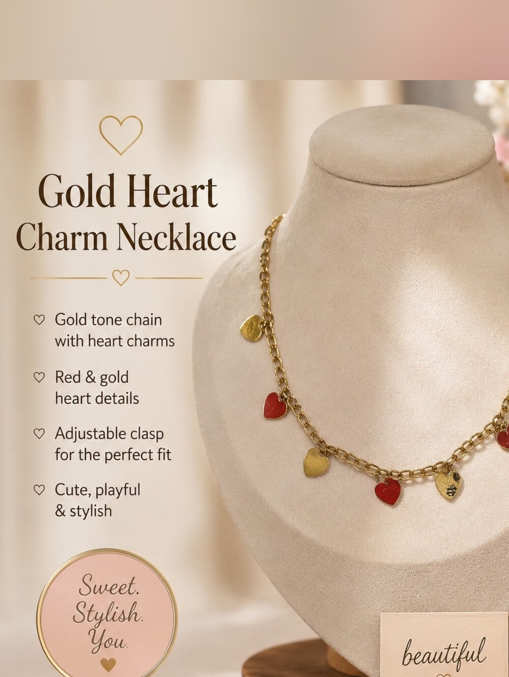 FASHION Gold Heart Charm Necklace with Red & Gold Hearts -